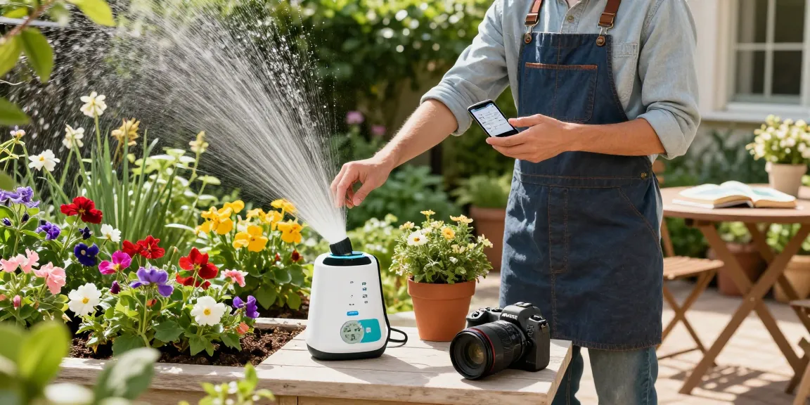 Gardener using wifi sprinkler controller for efficient watering in vibrant home garden.