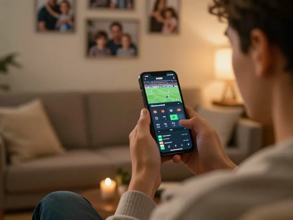 N188 online sports betting on a smartphone in a cozy home setting, capturing focused gaming action.