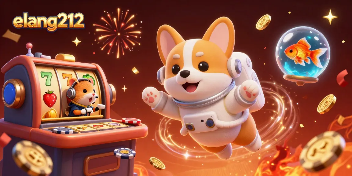 Interact with elang212 in a vibrant 3D casino with floating slot reels, coins, and festive elements.