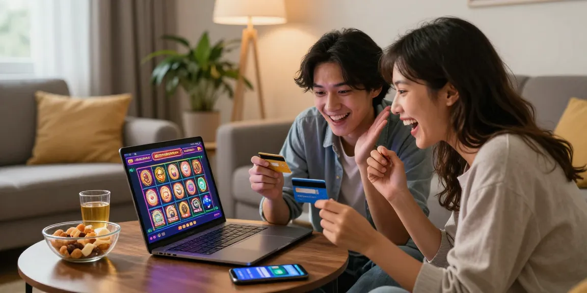 Couple enjoying online casinos that accept credit cards with excitement, showcasing gaming graphics and cozy atmosphere.