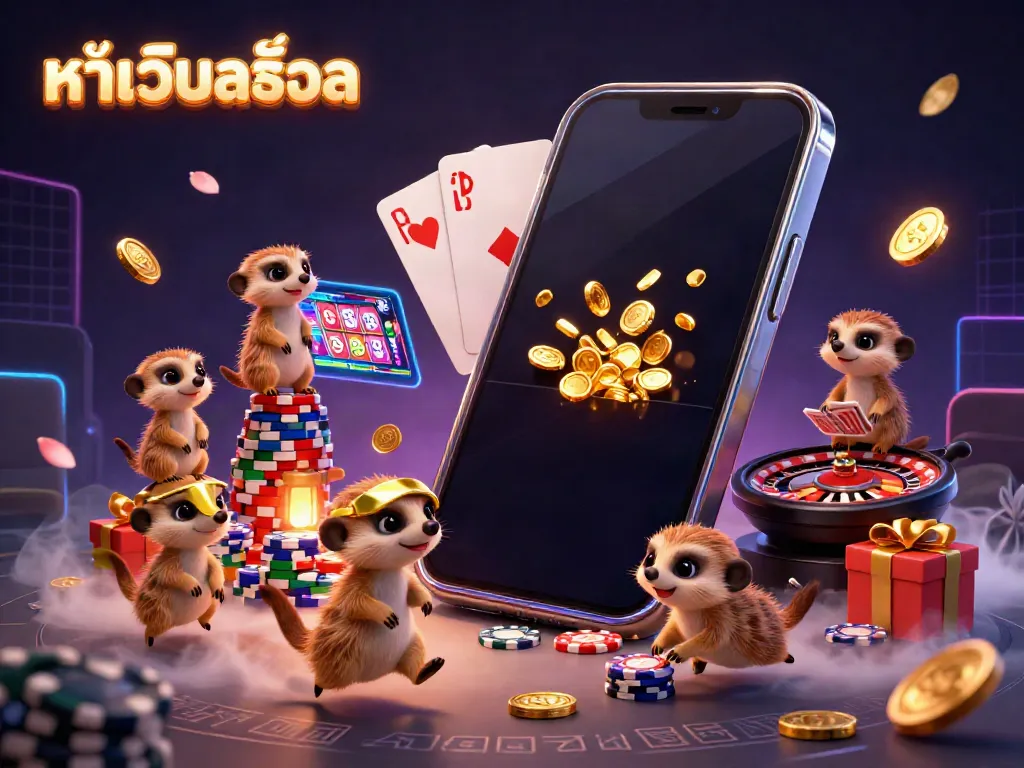 Engage with the dynamic casino scene in หน้าเว็บสล็อต featuring playful meerkats in an exciting atmosphere.