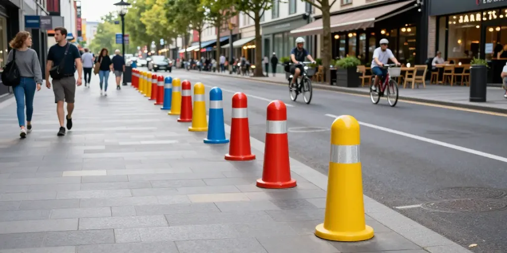 Safety bollards enhancing urban safety on a busy street with pedestrians.
