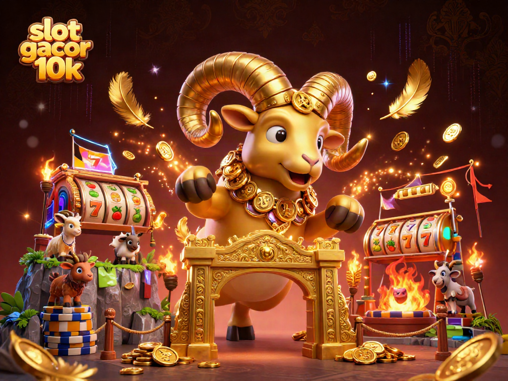 Experience winning spins with slot gacor 10k featuring a golden ram charging through a dynamic casino scene.