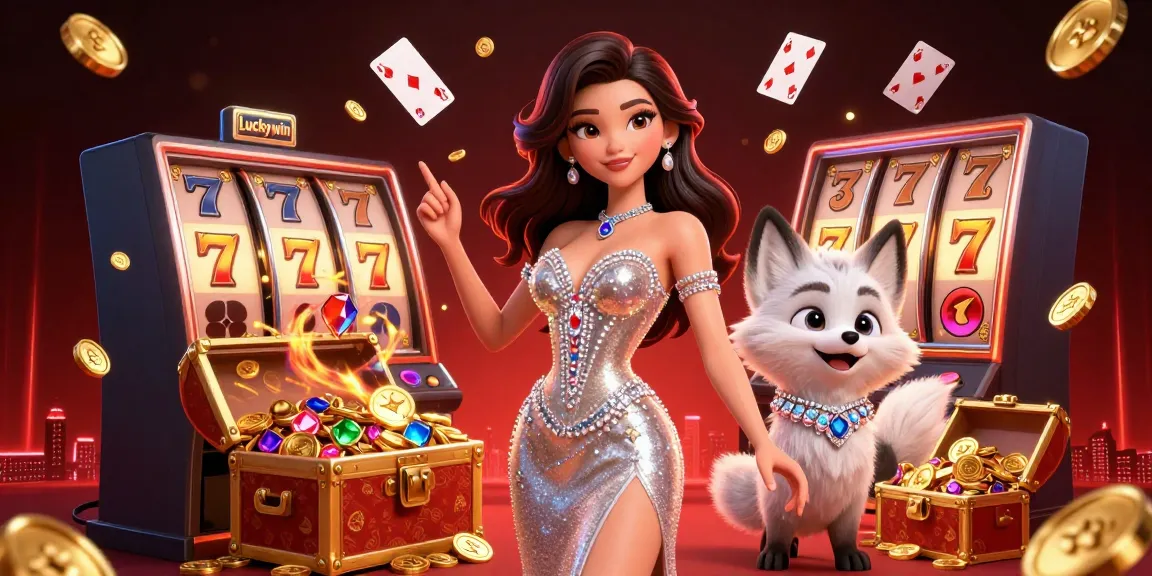 Experience winning thrills at Luckywin with a vibrant casino scene filled with slot games and sparkling treasures.