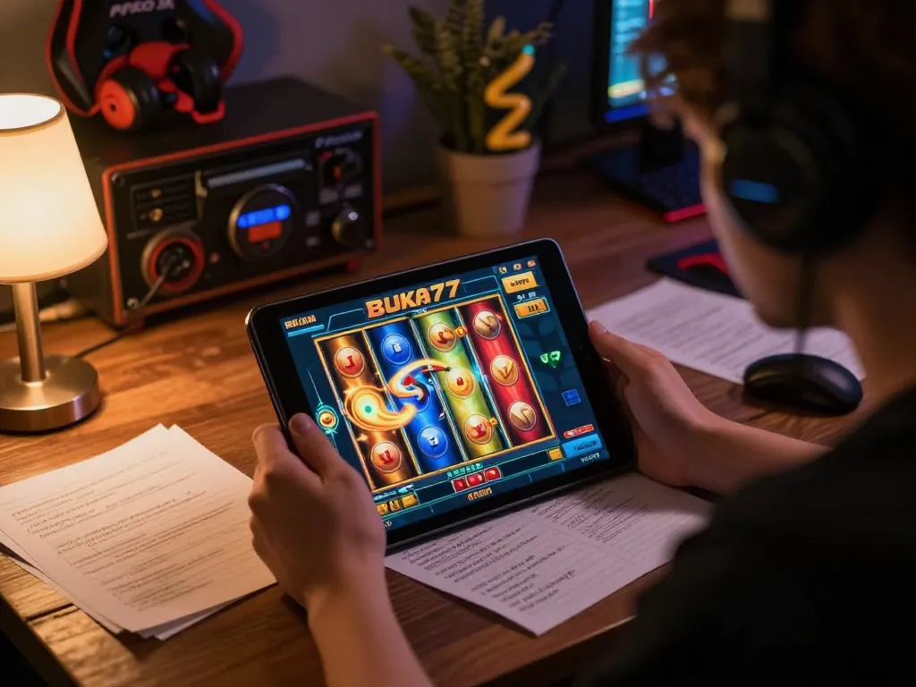 Engaging gameplay on BUKA77 SLOT displayed on tablet, emphasizing thrilling online casino experience.
