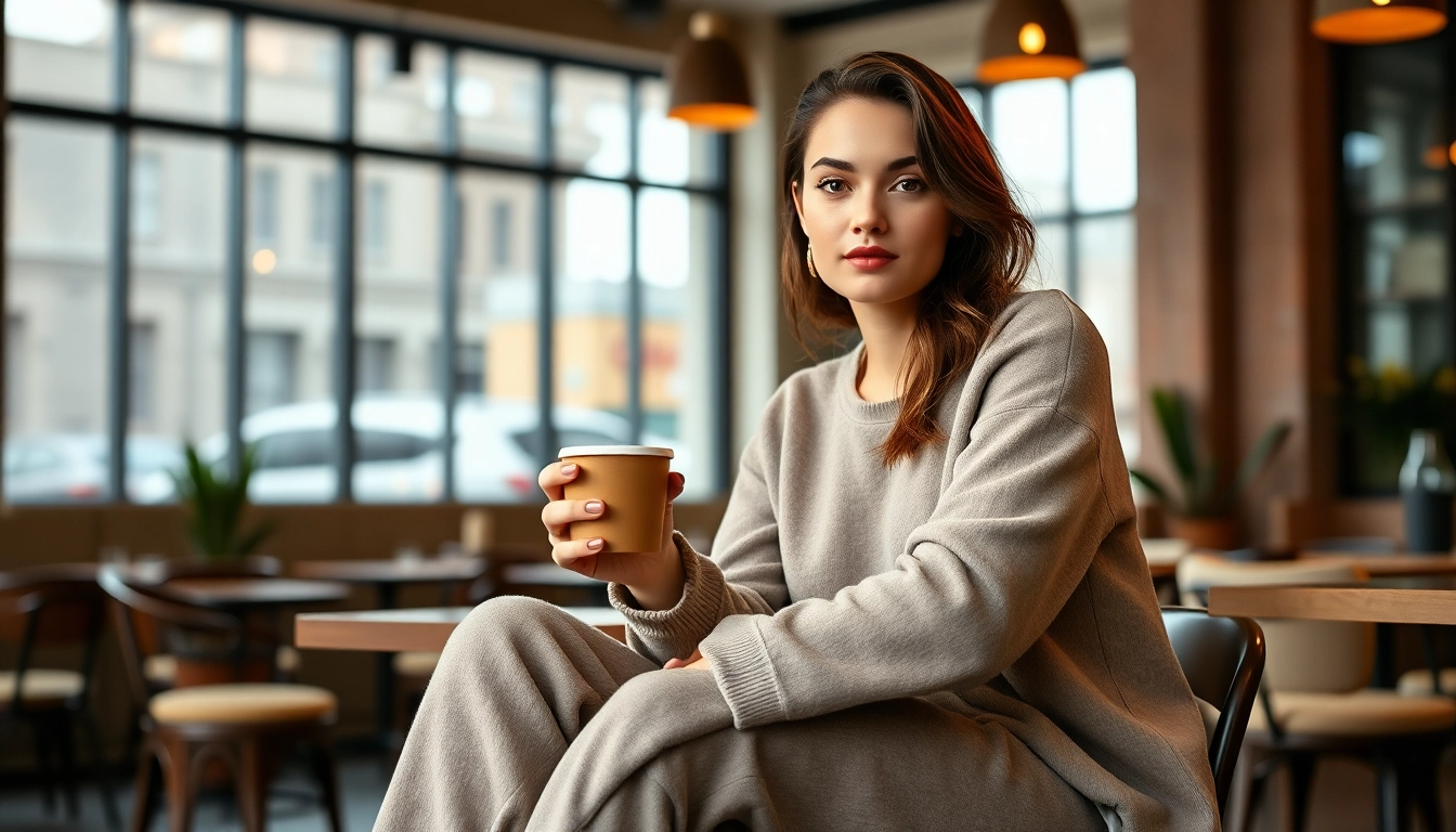 Model enjoying coffee in French terry sweatpants, showcasing comfort and style.
