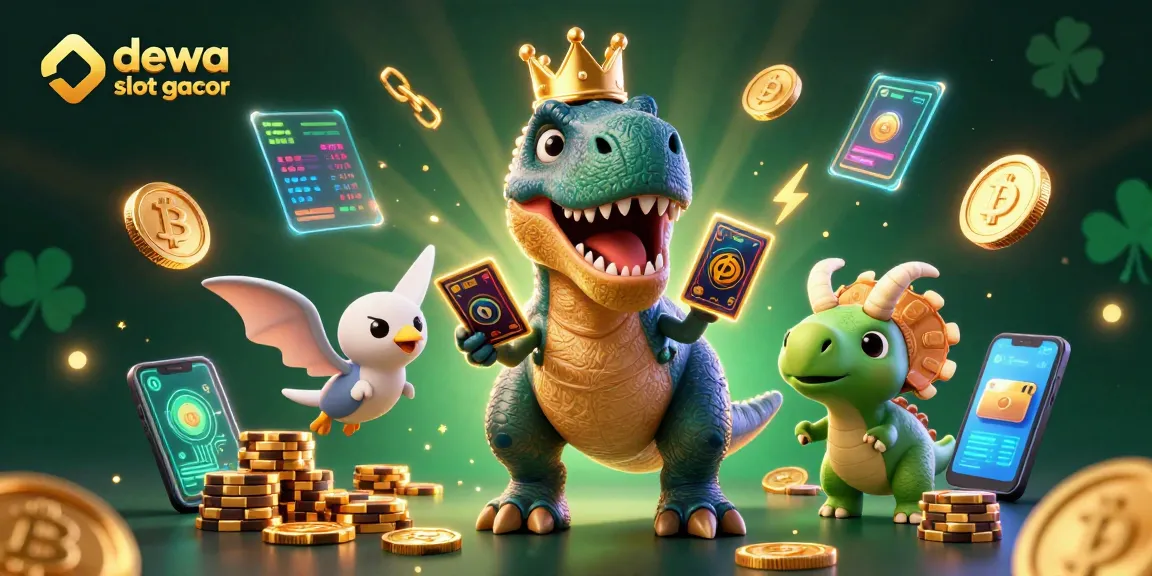Menggandakan kemenangan di dewa slot gacor dengan T-Rex kartun, pterodactyl, dan triceratops dalam ilustrasi menarik.