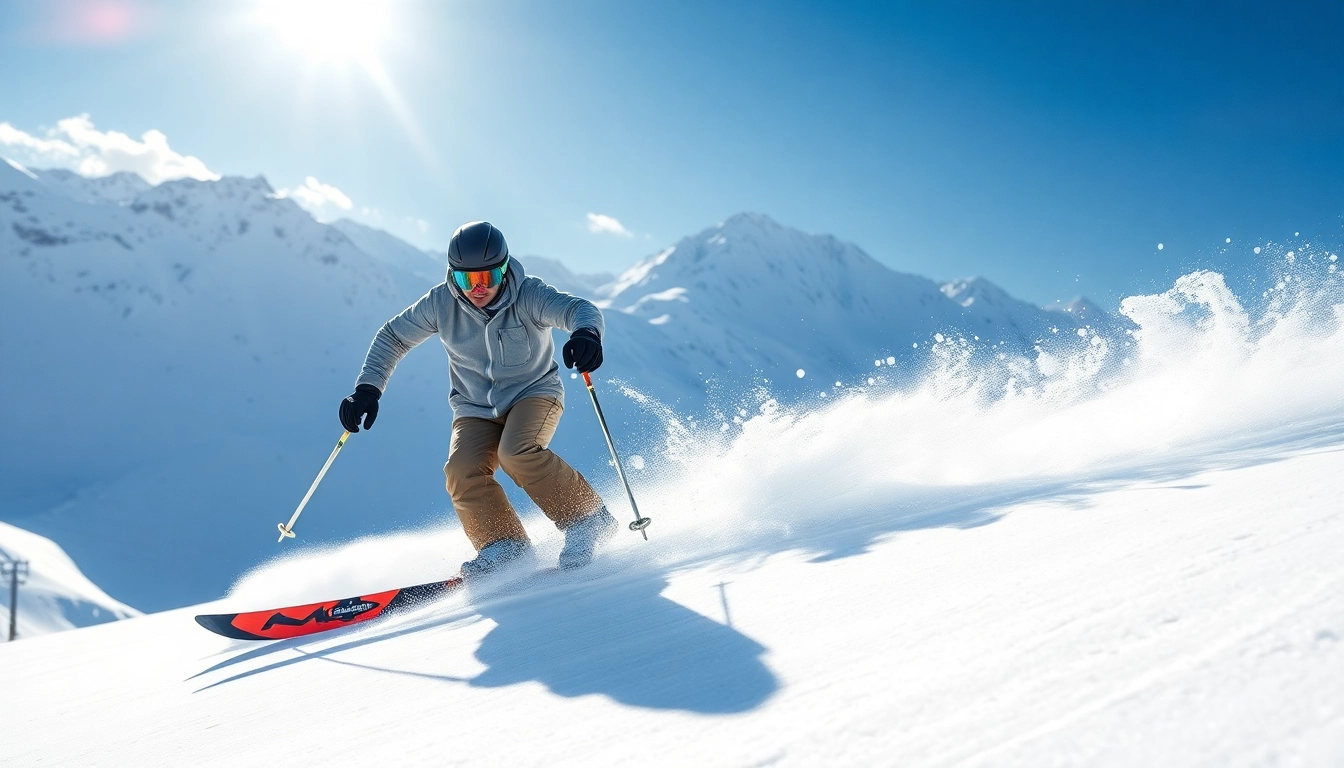 Skiing with Mindbender Skis on fresh powder in a majestic mountain scene.