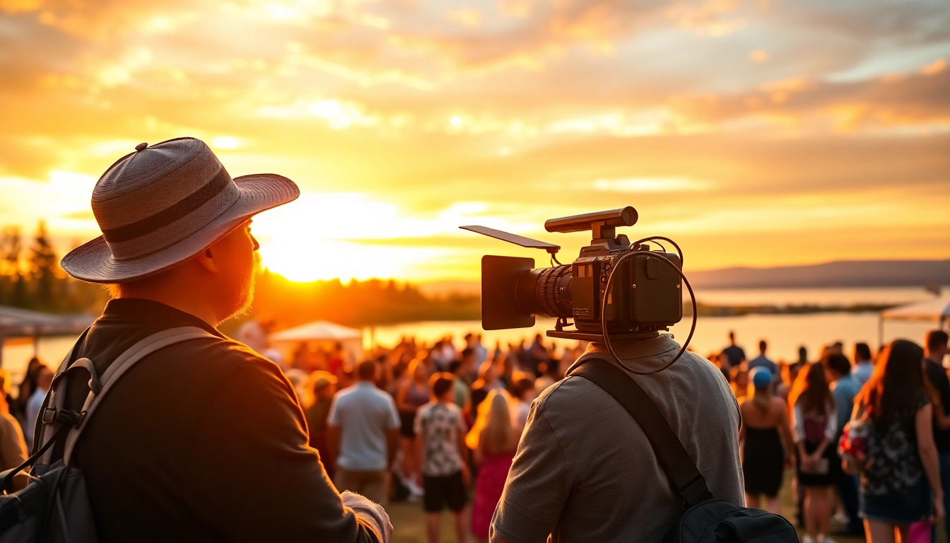 edmonton videographer capturing a lively outdoor event with vibrant sunset and engaged audience.