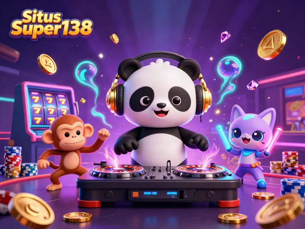 Experience excitement with Situs Super138's DJ panda spinning reels and lively casino atmosphere.