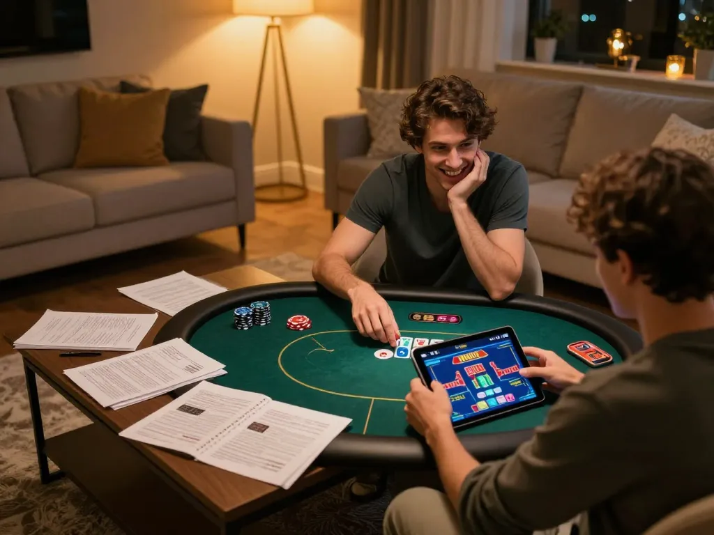 Pemain terlibat dalam permainan poker dalam talian yang sengit di rumah, mempamerkan antara muka tablet 101 cuci dan nota strategi.