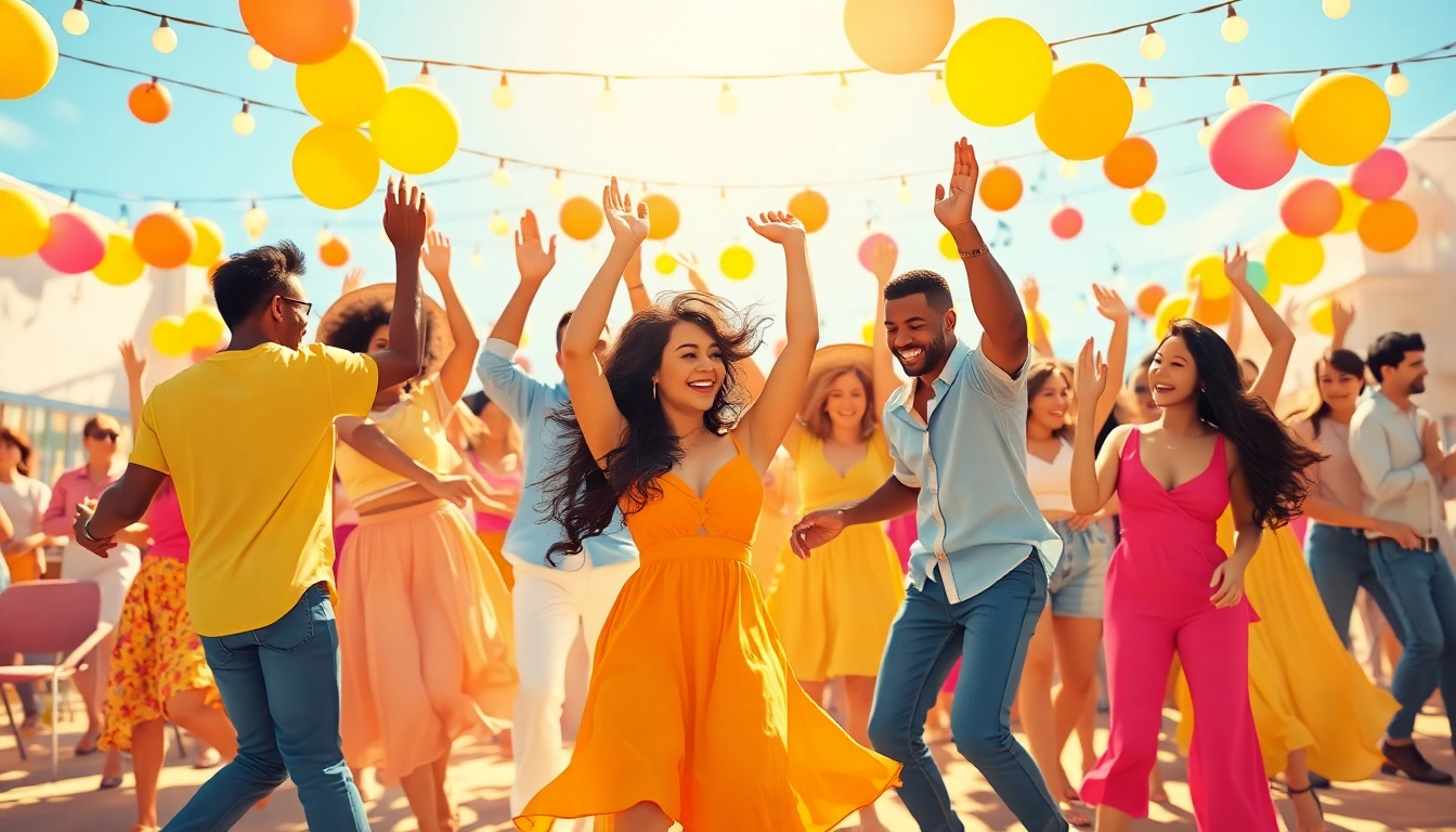 Joyful celebration of movin and groovin with dancers enjoying an outdoor party atmosphere.