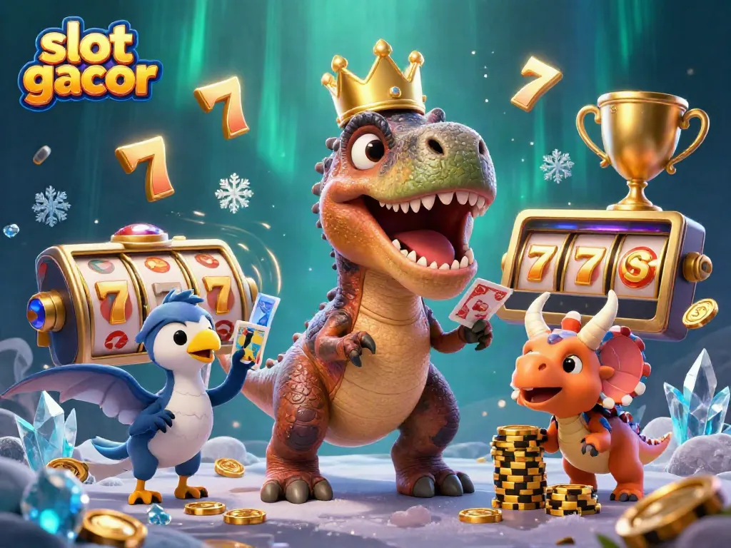 Ilustrasi slot gacor dengan karakter kartun dinosaur, gulungan slot, dan elemen jackpot berkilauan.