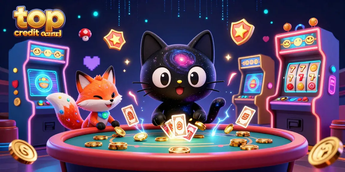 Engage with top credit card casinos through gaming fun with a 3D cosmic illustration of a black hole cat and colorful graphics.