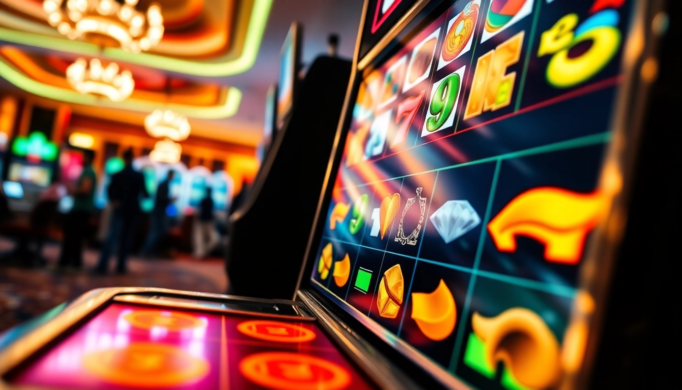 Main slot machine bandar slot yang menarik dengan warna cerah dan pengunjung yang bersemangat.