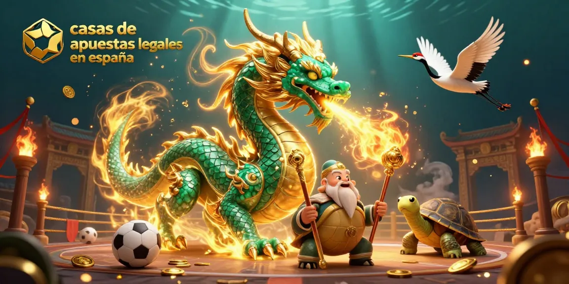 Visualiza casas de apuestas legales en España con un dragón y elementos de apuestas deportivas.