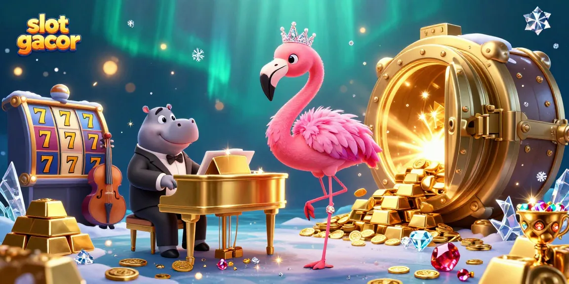 Engage with slot gacor excitement in a vibrant 3D casino scene featuring colorful characters and treasure.