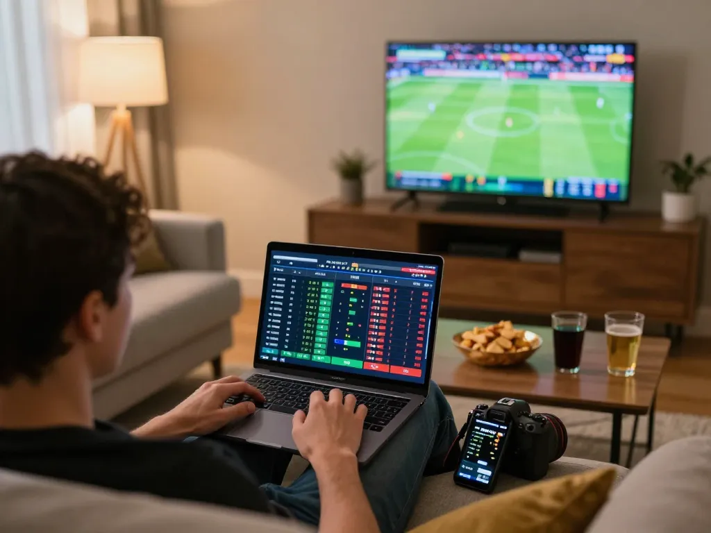 Person engaging with Canada online casinos reddit on their laptop while enjoying live sports betting at home.