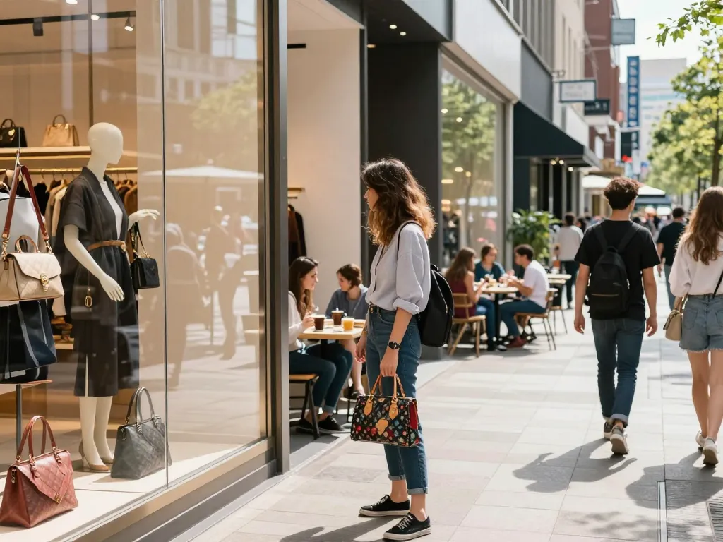 Vibrant scene at a 레플리카 쇼핑몰 showcasing stylish replica fashion amidst a bustling urban environment.