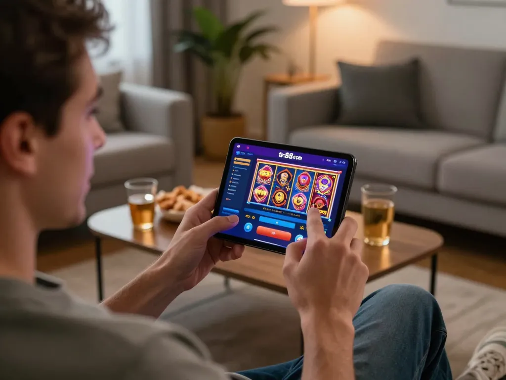 Engaged player enjoying tr88. com mobile app with colorful slot games in cozy living room setting