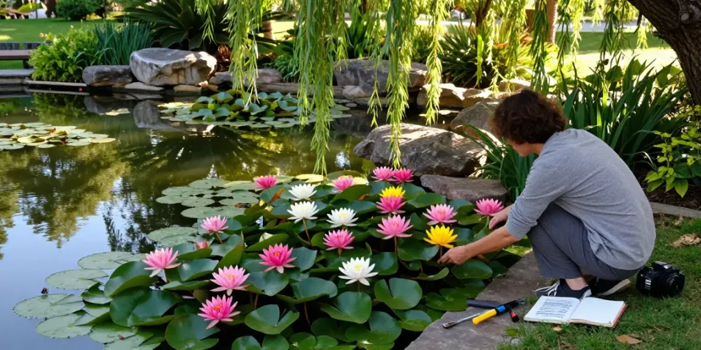 Buy Water Lilies with vibrant blooms in a serene garden pond setting, showcasing care tools and nature.