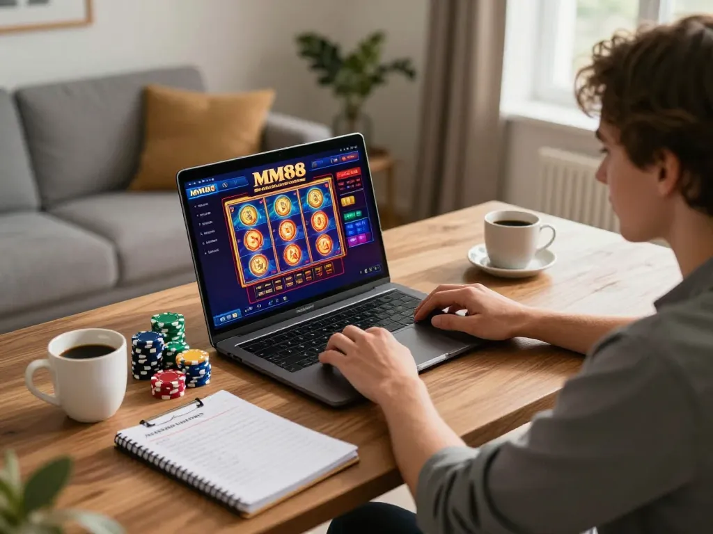 Engaging online gambling experience with Nhà cái MM88 displayed on the laptop screen alongside poker chips and strategies.