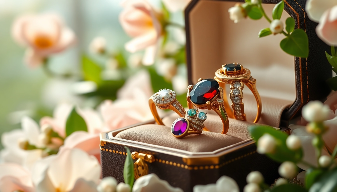 Showcase of luxury rings highlighting intricate designs and vibrant gemstones for an exquisite touch.