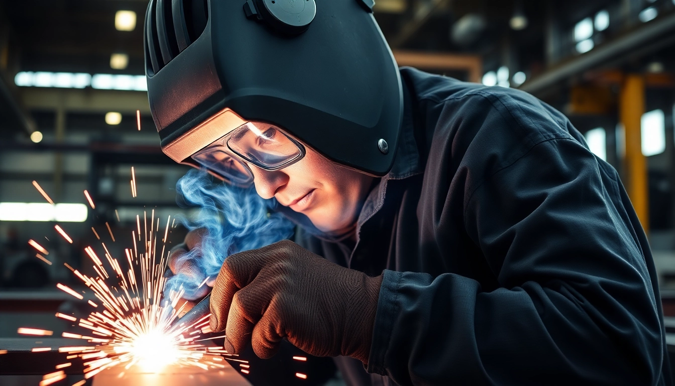 Skilled worker engaged in structural steel welding, showcasing intricate techniques and equipment in action.