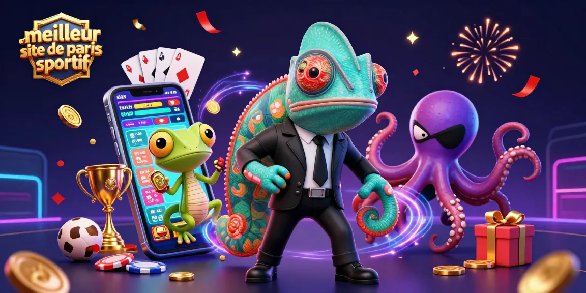Illustration vibrante montrant le meilleur site de paris sportif avec un caméléon agent secret et un gecko, entourés d'éléments de paris sportifs.