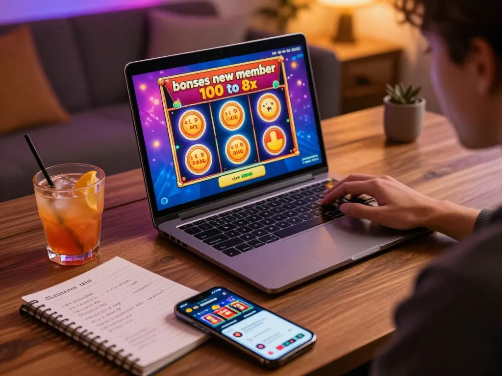 Engaged player enjoying the bonus new member 100 to 8x slots while strategizing with notes at home.