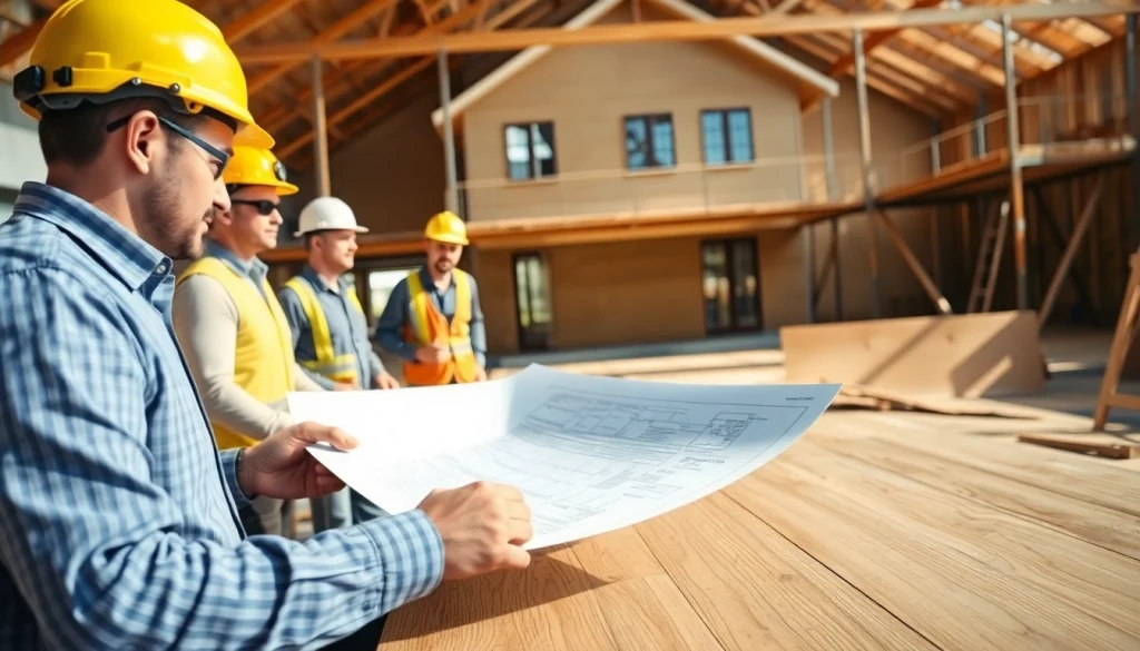 New Jersey General Contractor reviewing blueprints at a residential construction site showcasing teamwork.