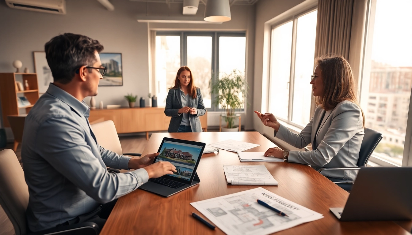 Highlighting a professional real estate agent in a modern office assisting clients with property listings.