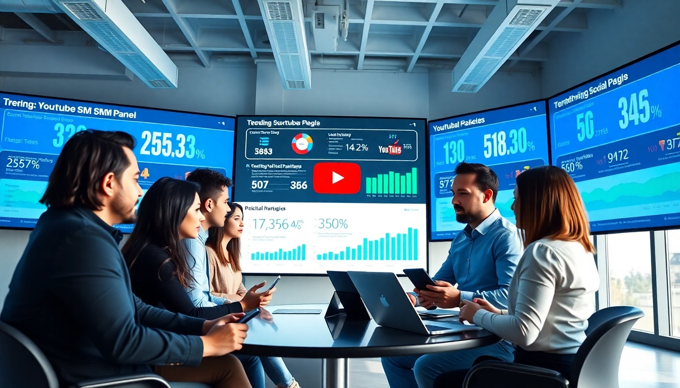 Engaged marketers collaborating on strategies using a youtube smm panel, showing vibrant analytics.