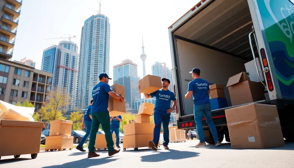 Professional Toronto movers loading furniture into a moving truck in Toronto's urban landscape.