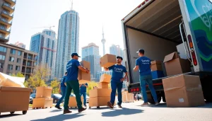 Professional Toronto movers loading furniture into a moving truck in Toronto's urban landscape.