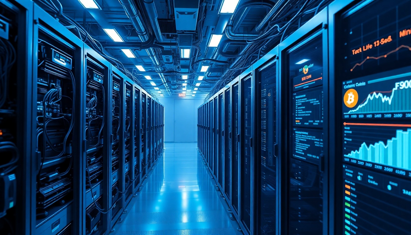 Bitcoin mining facility with high-tech ASIC miners and live performance data.