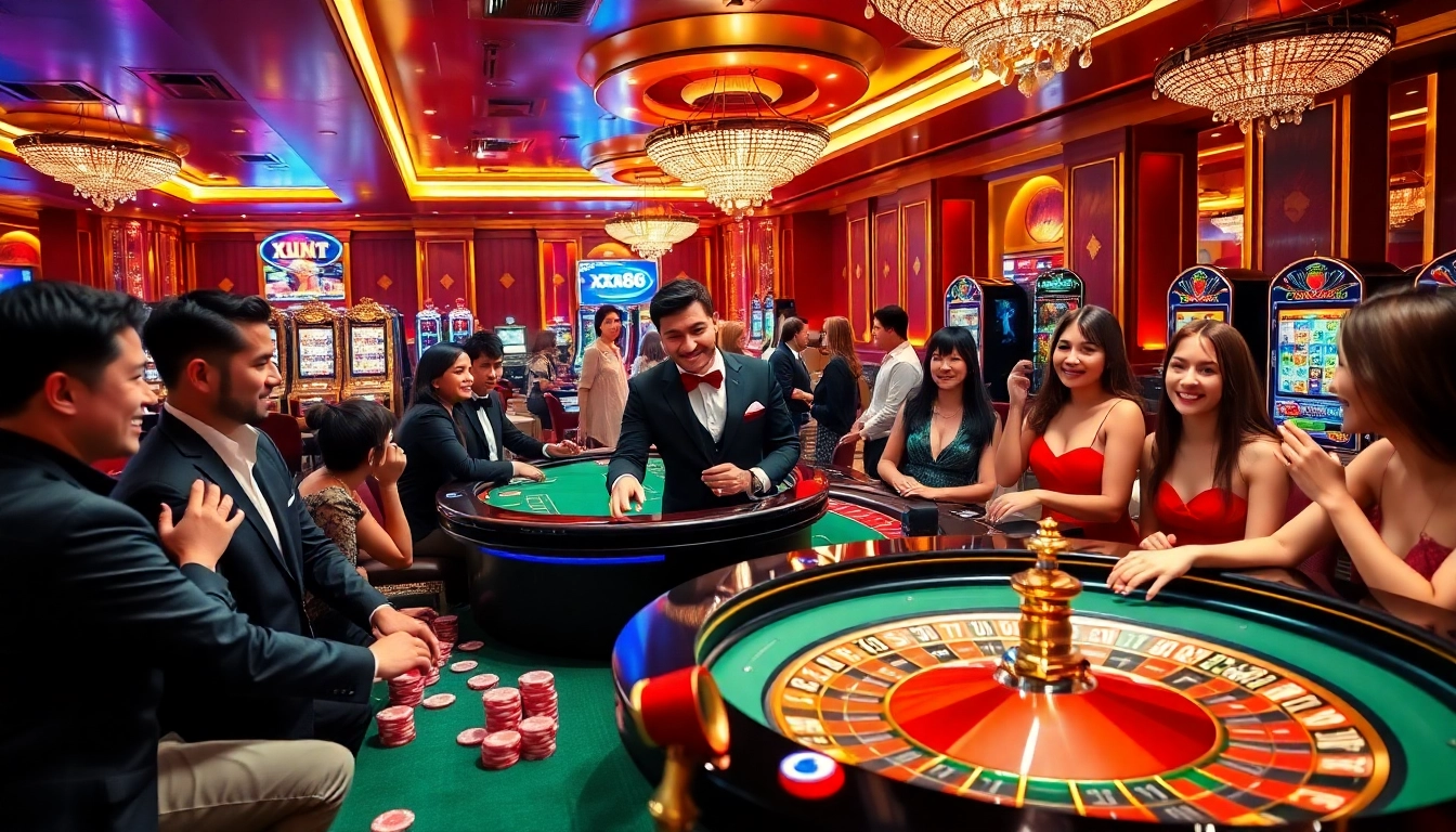 Exciting casino action at Nhà cái XX88 with players engaging in roulette and poker.