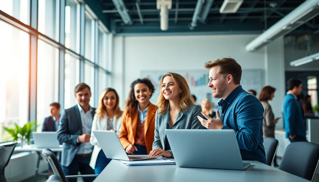 Finding Chicago jobs through collaboration in a modern office.