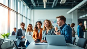 Finding Chicago jobs through collaboration in a modern office.