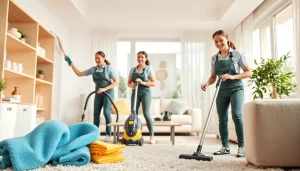 Cleaning Service professionals performing meticulous cleaning in a bright living room.