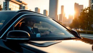 Experience professional Chauffeur Hire in a luxurious black vehicle against a stunning skyline.