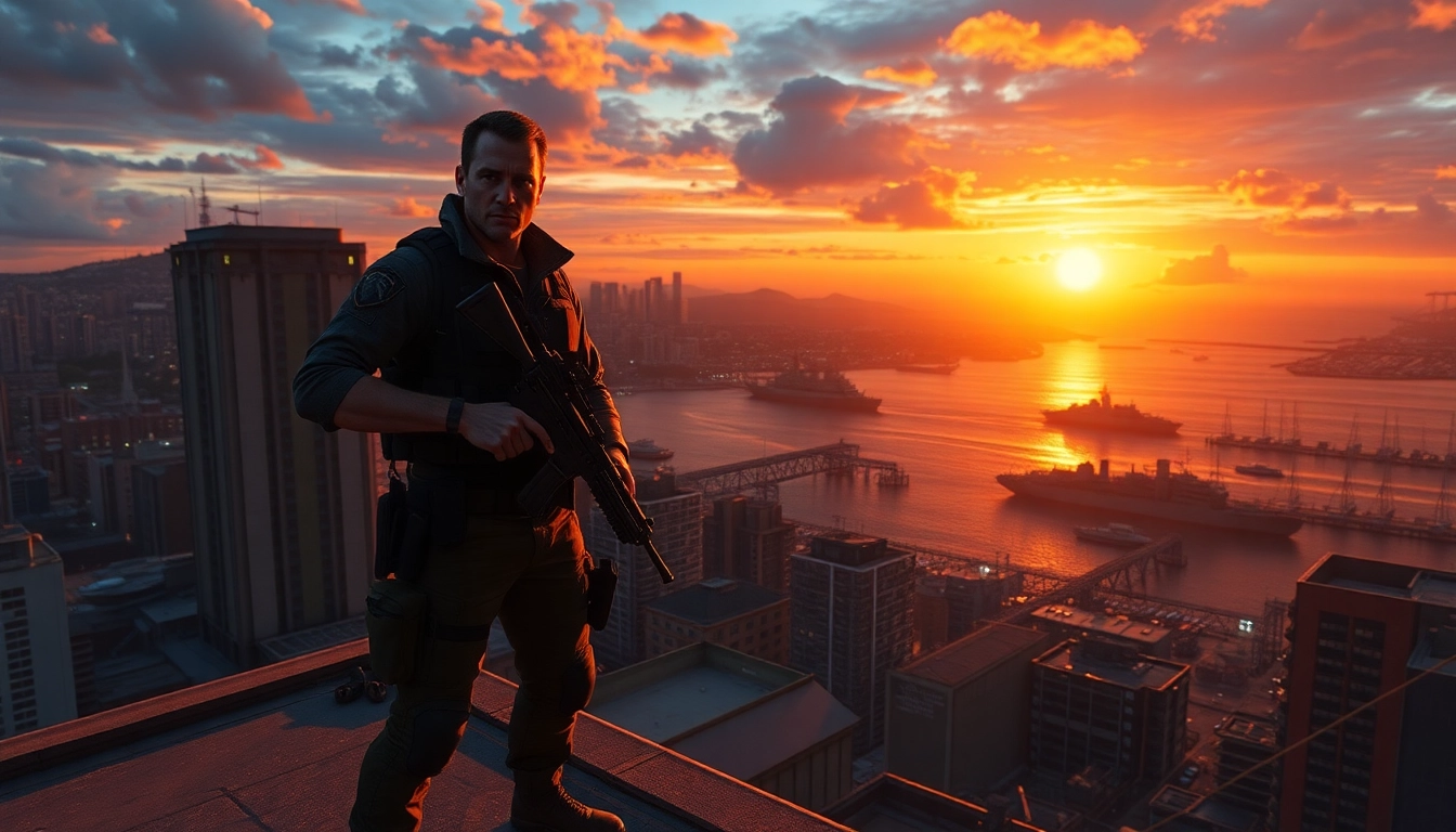 Capture the intensity of Bayside Boom as the ex-special forces captain stands ready against a city skyline.