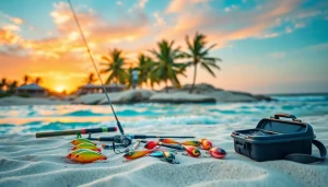 Engaging fishing gear for Cabo displayed on a beach, showcasing vibrant fishing lures and an enthusiastic angler.