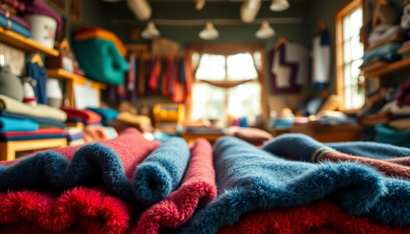 Voel de luxe fleece stoffen in een levendige textielwerkplaats met kleurrijke materialen.