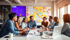 Facilitating creative concept development with a collaborative team in a bright modern workspace.