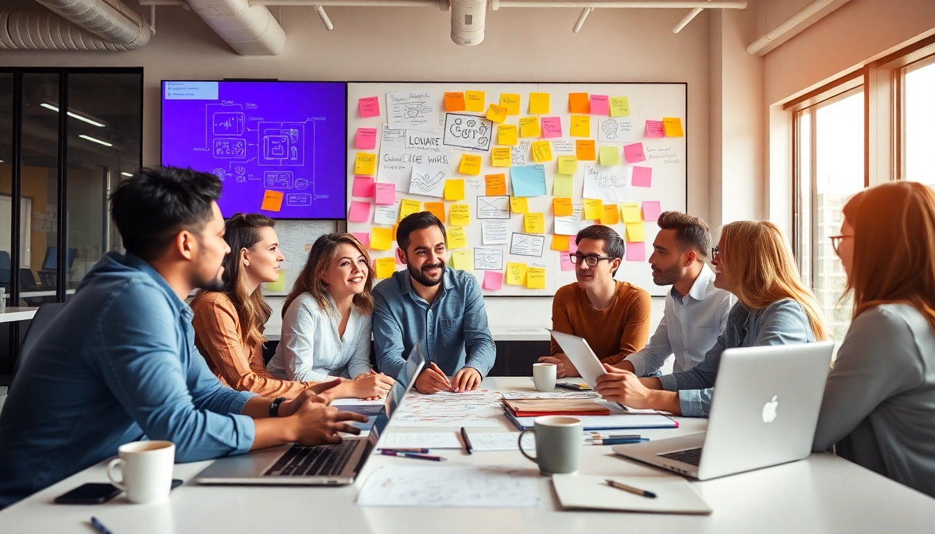 Facilitating creative concept development with a collaborative team in a bright modern workspace.