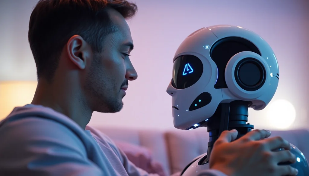 AI sex interaction in a cozy, futuristic setting with human-robot emotional connection.