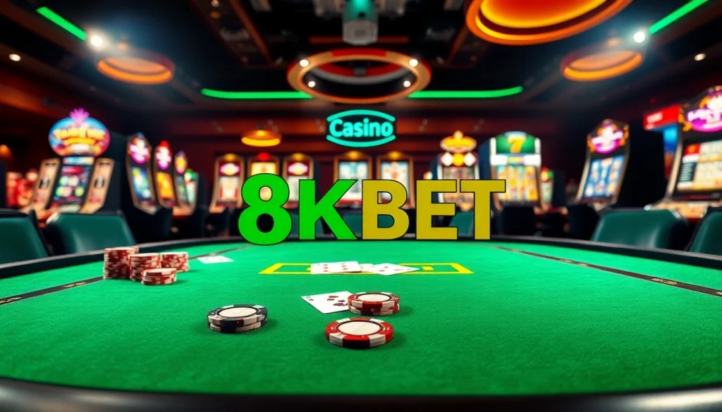 Engaging casino scene with luxury poker table and 8KBET branding featuring poker chips and cards.