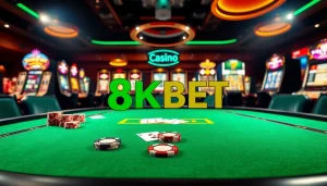 Engaging casino scene with luxury poker table and 8KBET branding featuring poker chips and cards.