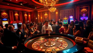 Experience the thrill of betting at Trang chủ OK8386 with a glamorous casino scene featuring roulette and poker.